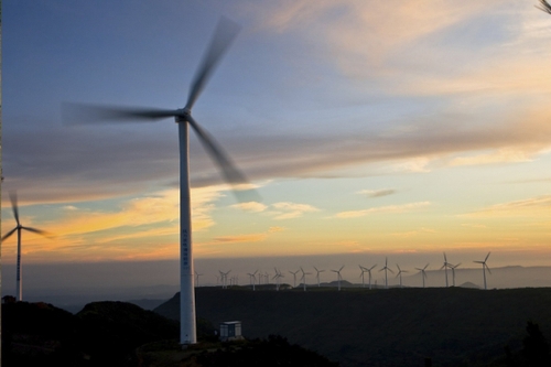 這是5月6日拍攝的山東煙臺棲霞唐山風電場。