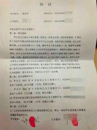 男女雙方簽署的協(xié)議書(shū)。